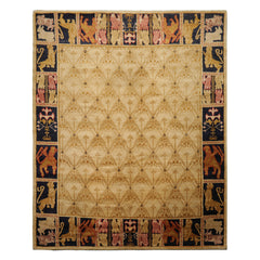 8x10 Beige, Gold, Midnight Blue Color Hand Knotted Tibetan Wool Transitional Oriental Rug
