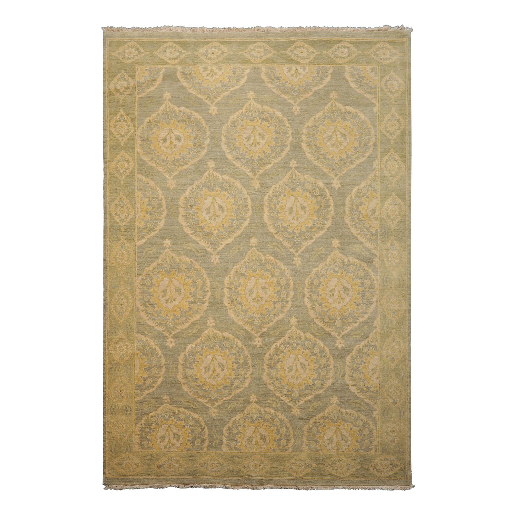 6x9 Celadon, Mint, Gold Color Hand Knotted Tibetan Wool Transitional Oriental Rug