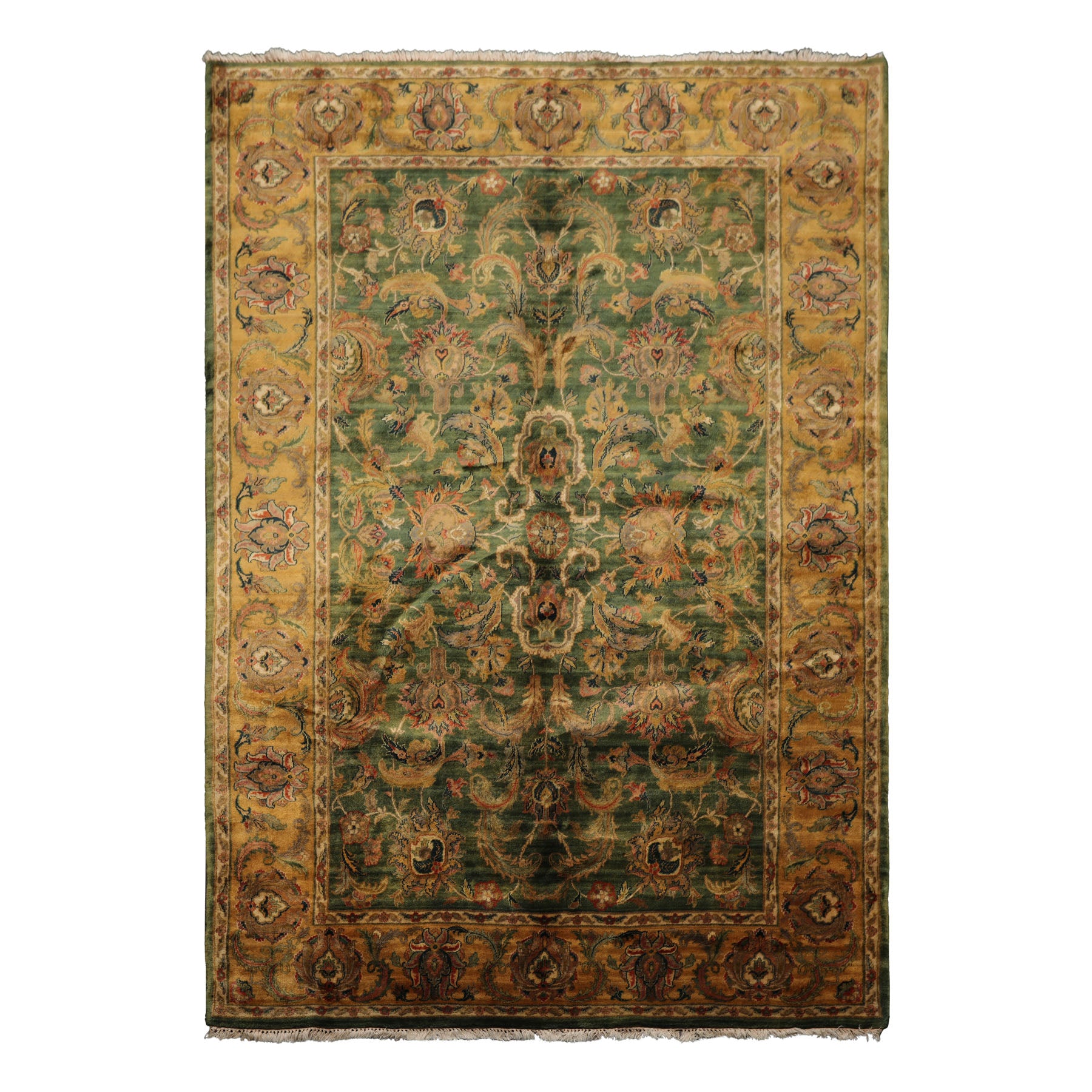 6x9 Green, Gold, Burnt Orange Color Hand Knotted Agra Wool Traditional Botanical Oriental Rug