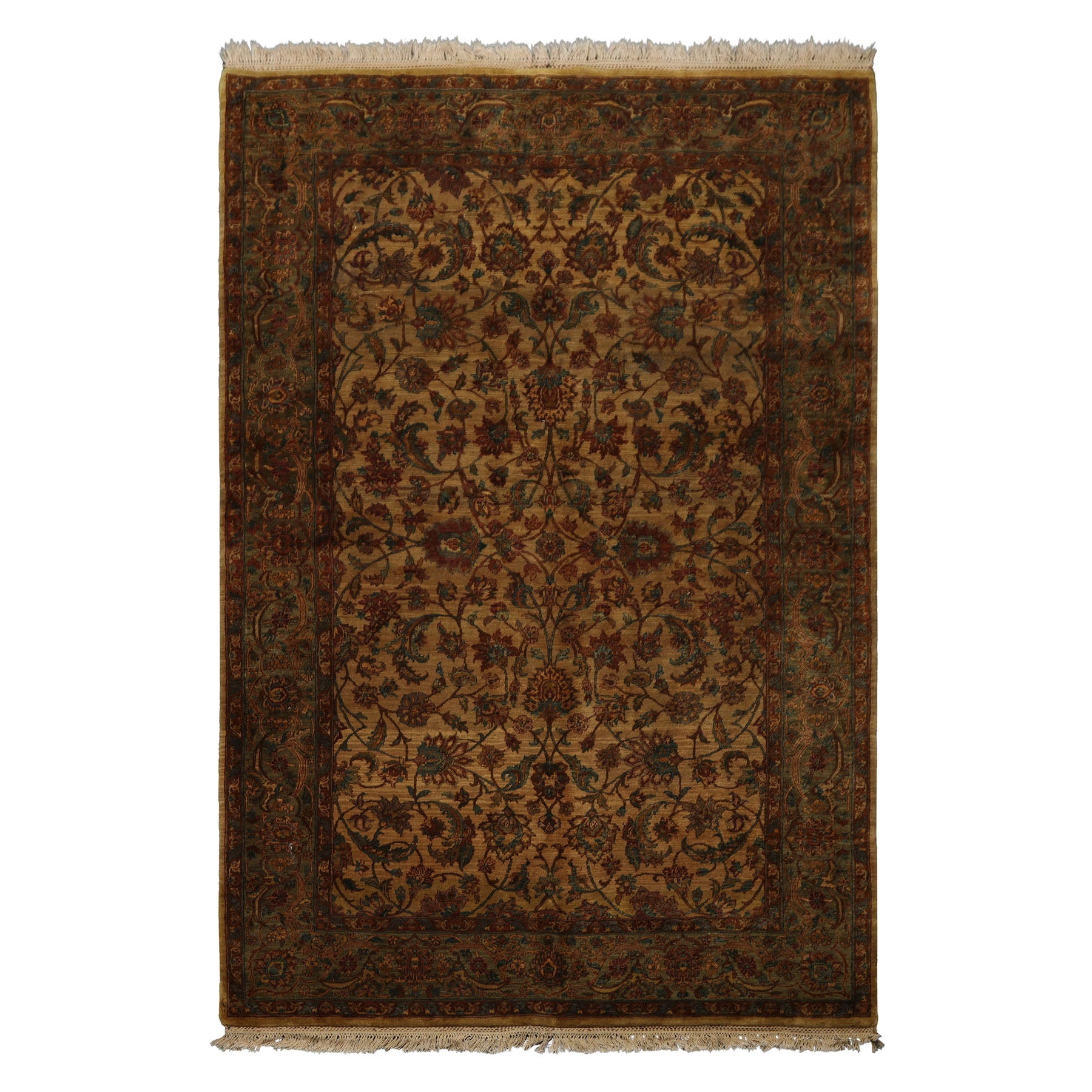 6x9 Gold, Burnt Orange, Sage Color Hand Knotted Agra Wool Botanical Oriental Rug