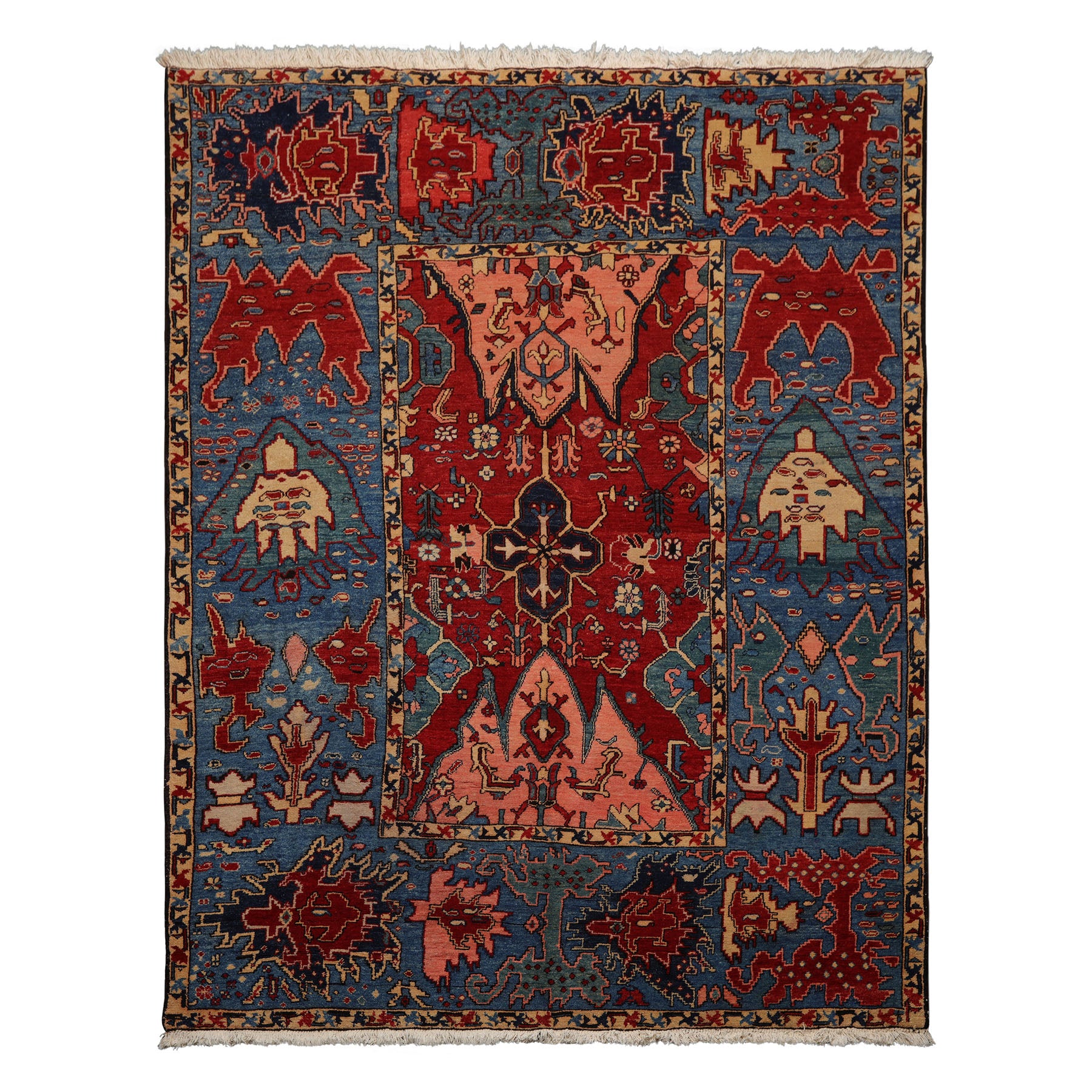 7x9 Red, Blue, Pink Color Hand Knotted Kazak Wool Arts & Crafts Oriental Rug