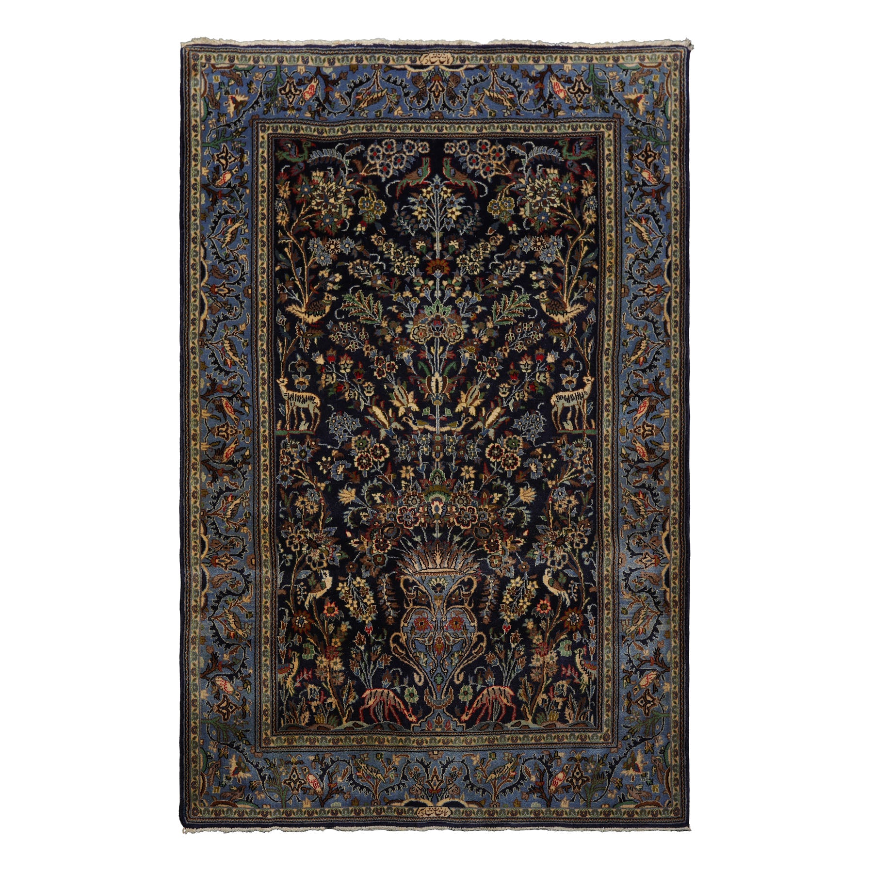 4x7 Navy, Ivory, blue Color Hand Knotted Kashan Wool Traditional Oriental Rug