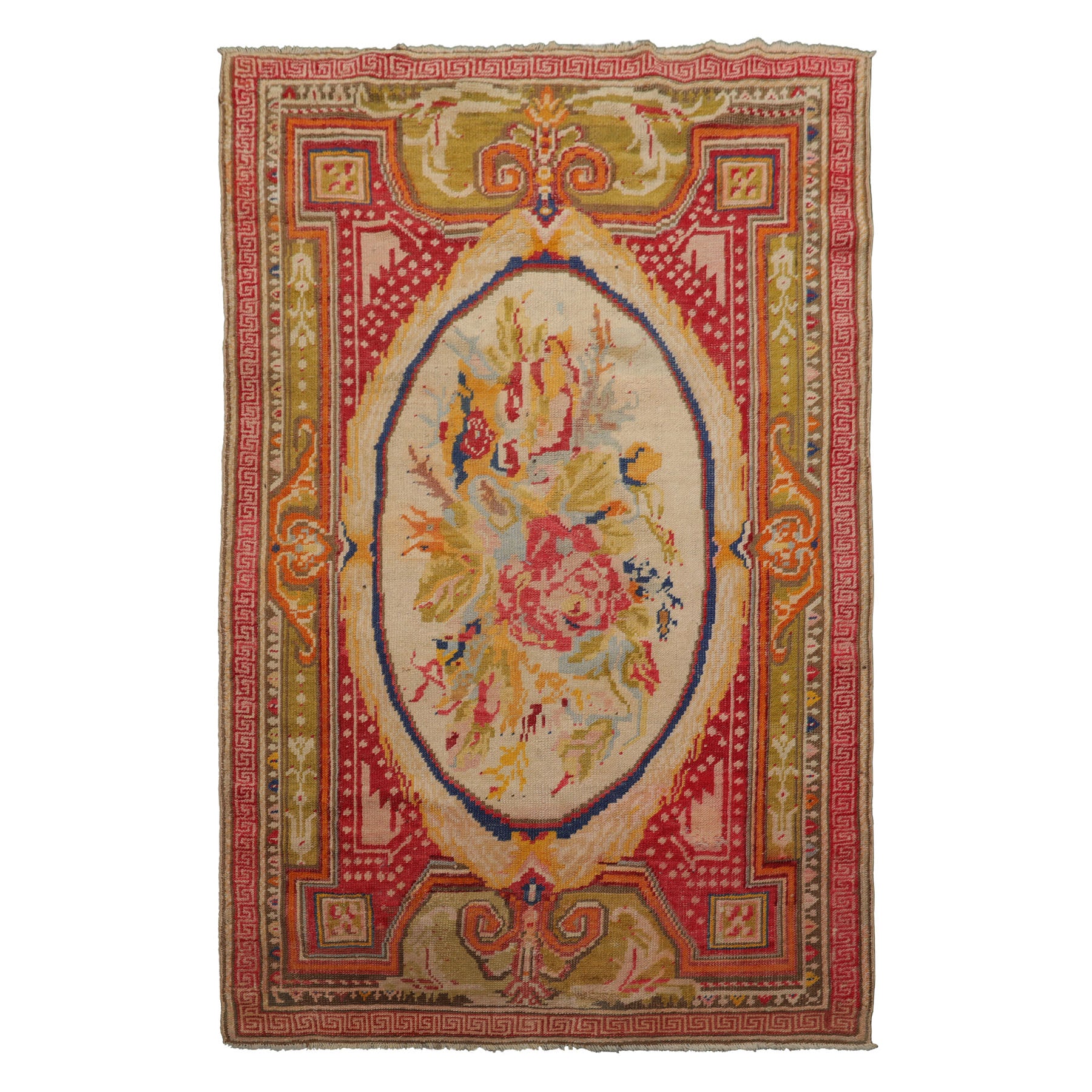 4x6 Ivory, Mint, Coral Color Hand Knotted Antique Oushak Wool Traditional Oriental Rug