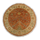 Round Burnt Orange, Beige, Turquoise Color Hand Knotted Agra New Zealand Wool Traditional Oriental Rug