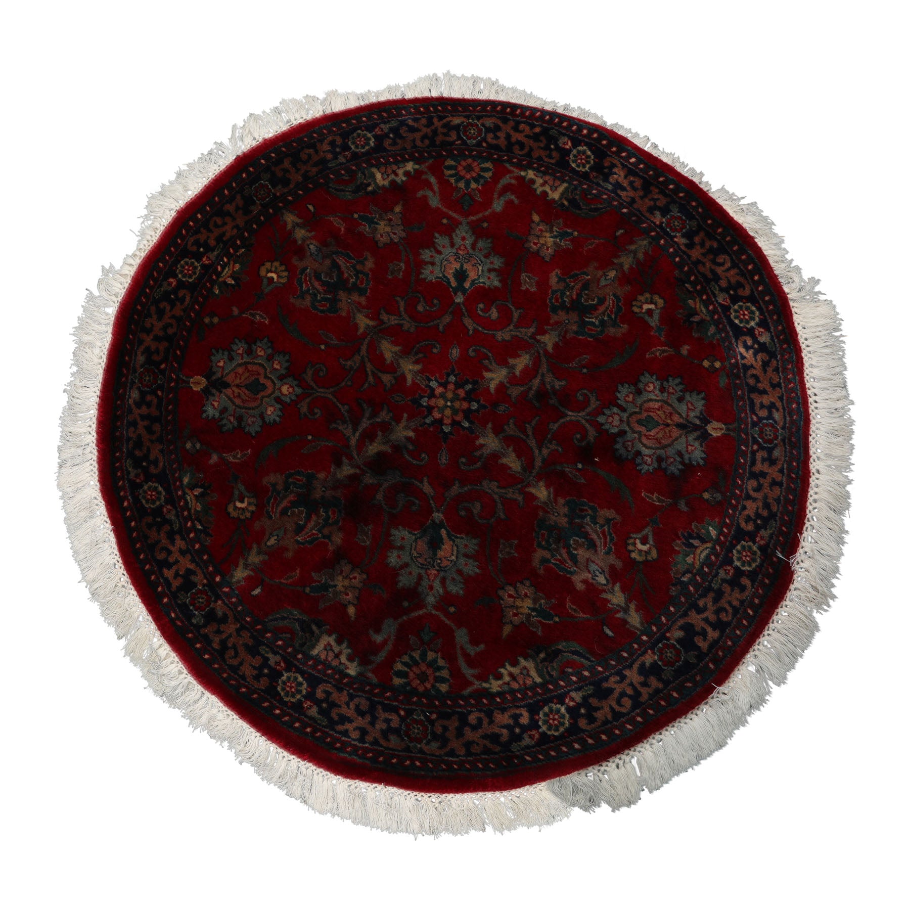 Round Burgundy, Navy, Teal Color Hand Knotted Agra New Zealand Wool Traditional Oriental Rug