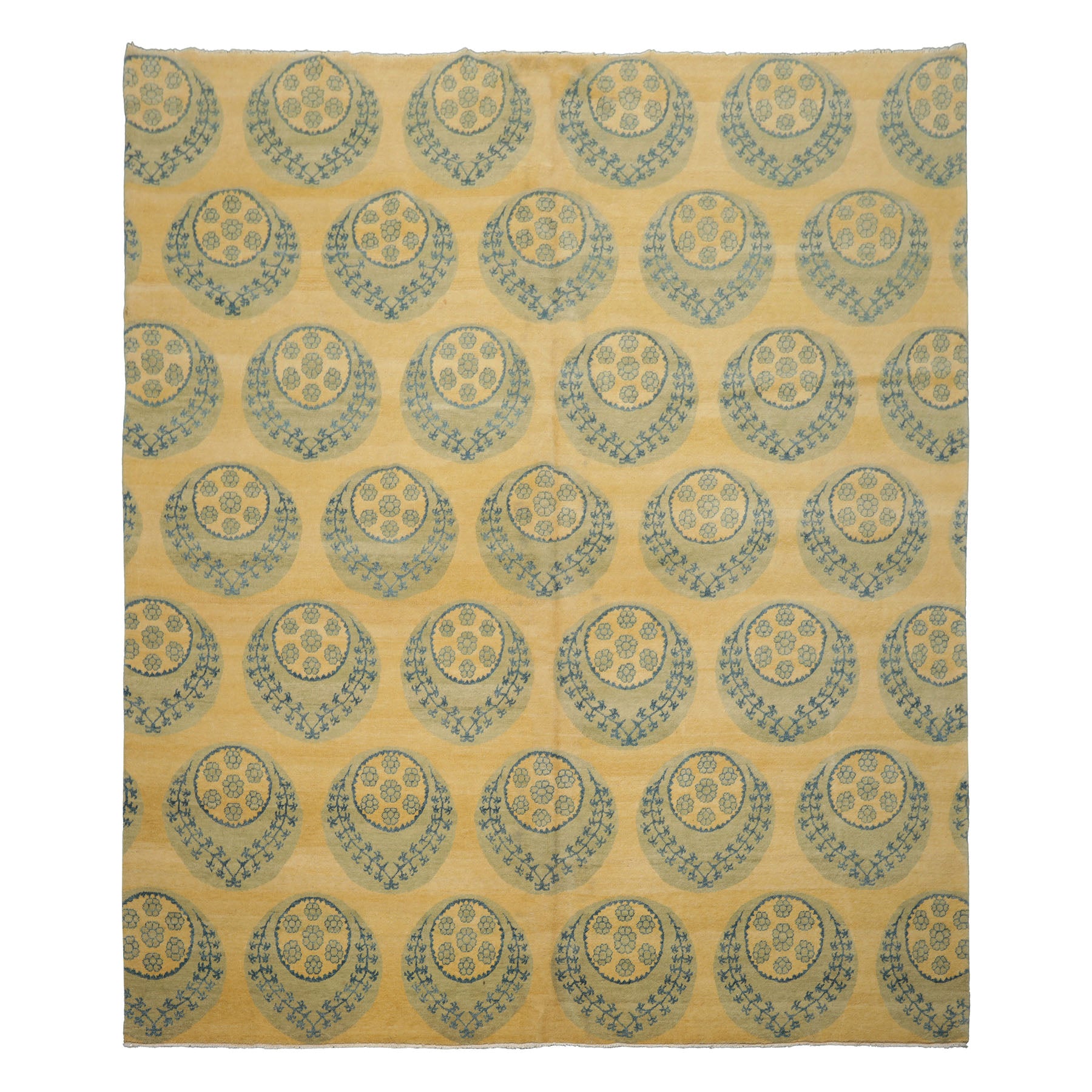 8x9 Light Gold, Mint, Blue Color Hand Knotted Tibetan Wool Transitional Oriental Rug