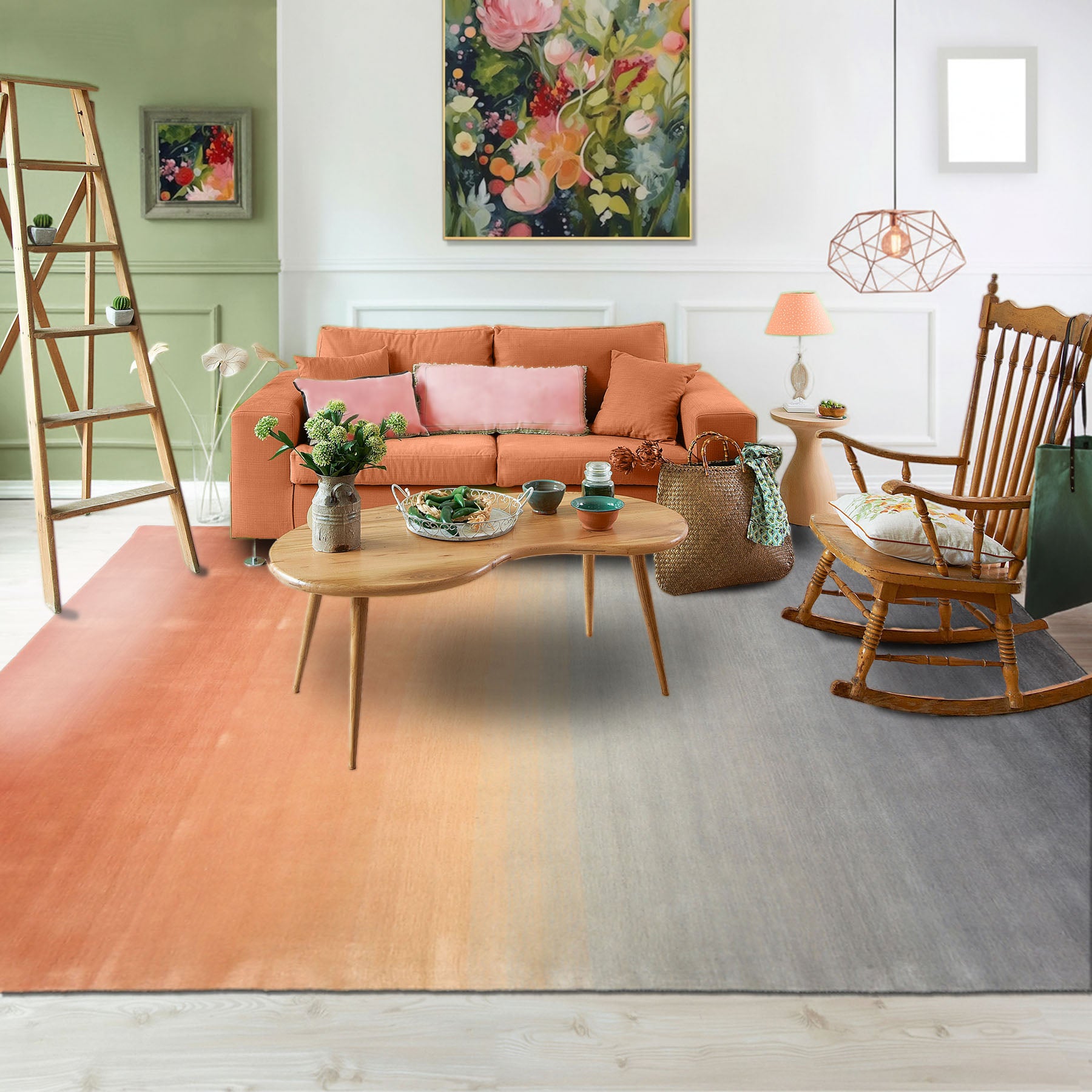 Multi Size Gray Peach Blush Color Hand Loomed Ombre Wool Modern & Contemporary Oriental Rug