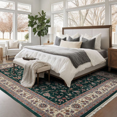 8x10 Emerald, Ivory, Rose Color Hand Knotted Jahan Wool Traditional Oriental Rug