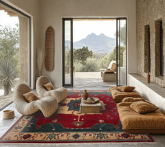 9x12 Ruby, Red, Ivory Color Hand Knotted Tibetan Wool Arts & Crafts Oriental Rug