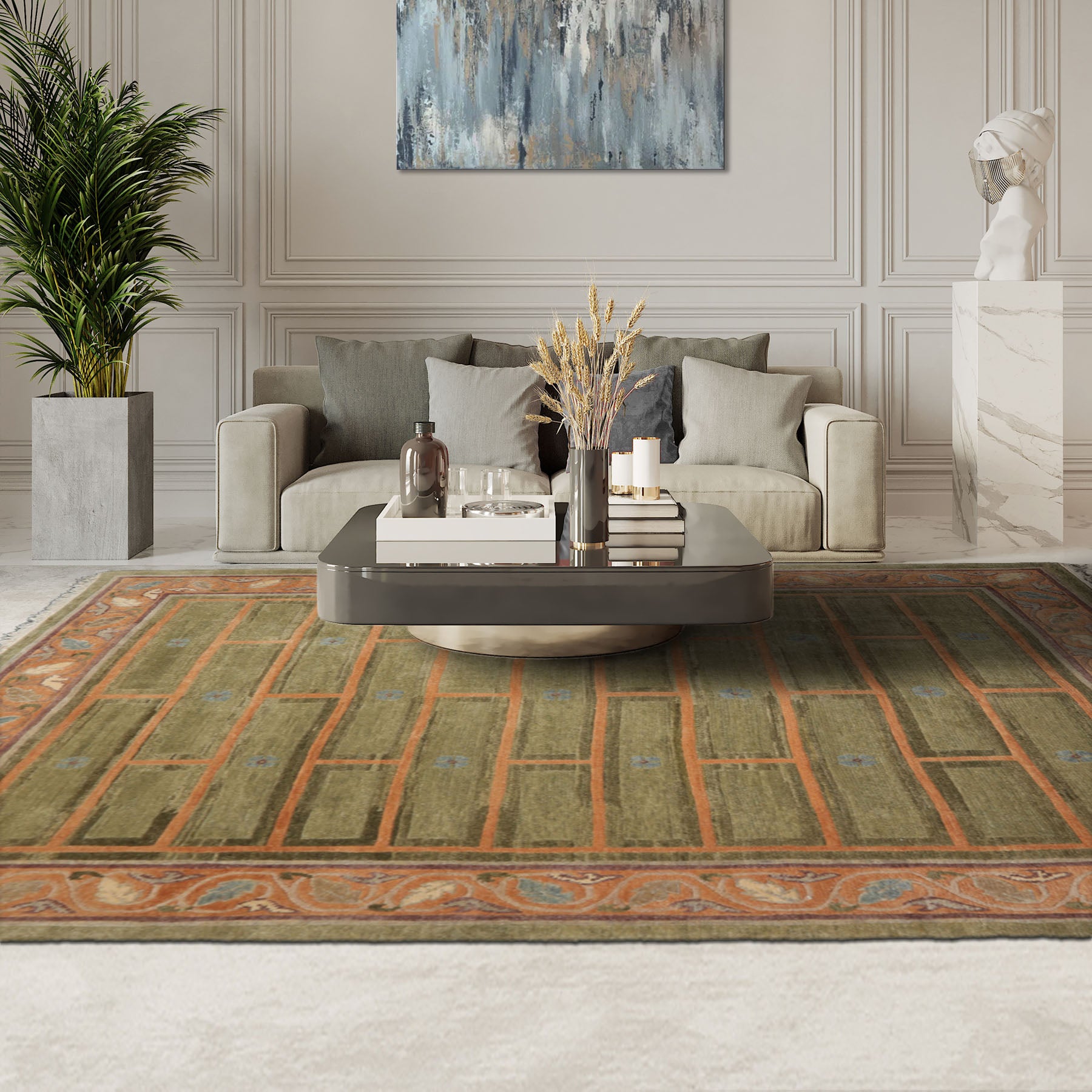 8x11 Mint, Peach, Aubergine Color Hand Knotted Tibetan Wool Arts & Crafts Oriental Rug