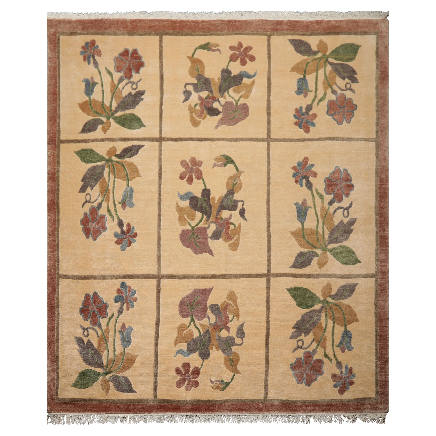 8x10 Ivory, Rust, Gray Color Hand Knotted Tibetan Wool Transitional Oriental Rug