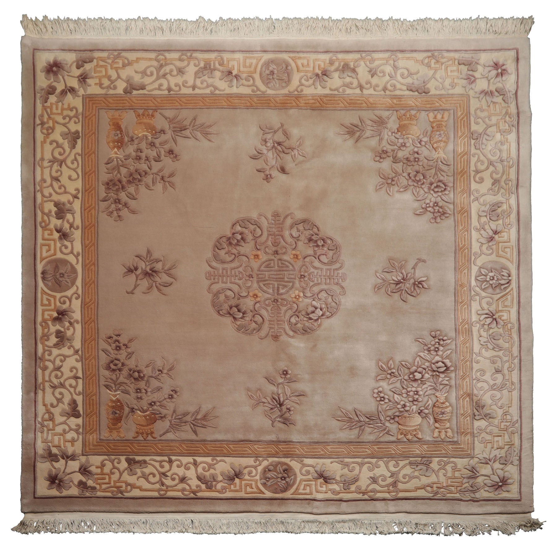 Square Taupe, Ivory, Tan Color Hand Knotted French Aubusson Savonnerie Wool Traditional Oriental Rug