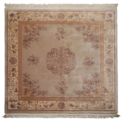 Square Taupe, Ivory, Tan Color Hand Knotted French Aubusson Savonnerie Wool Traditional Oriental Rug