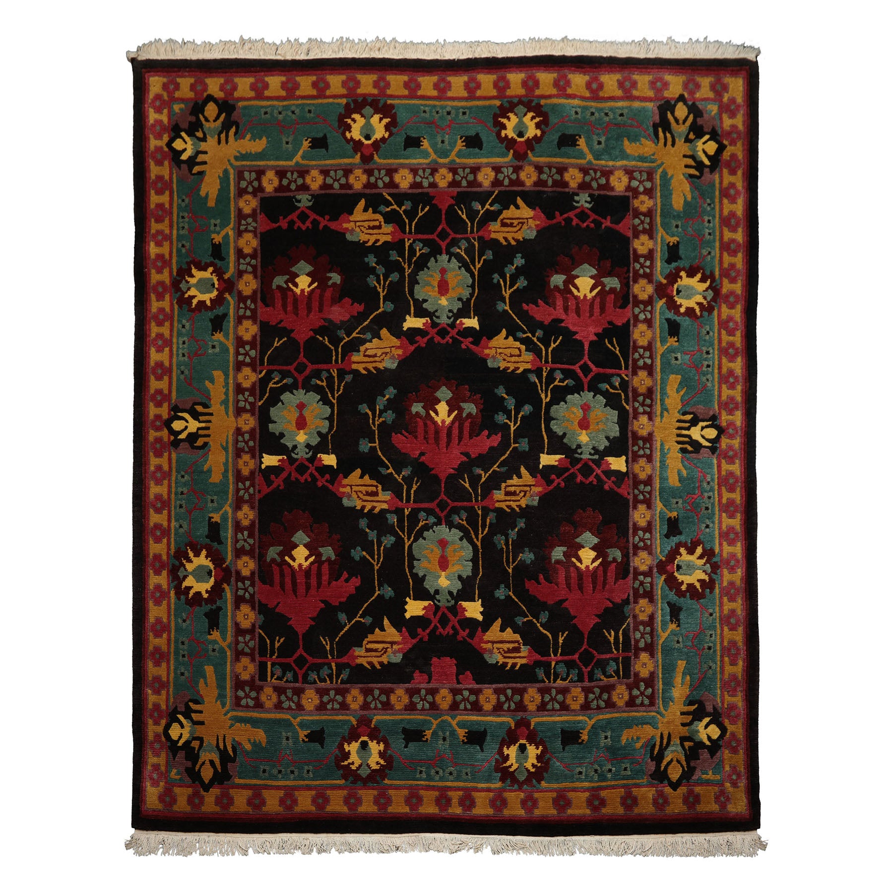 8x10 Charcoal, Turquoise, Rose Color Hand Knotted Tibetan Wool Arts & Crafts Oriental Rug