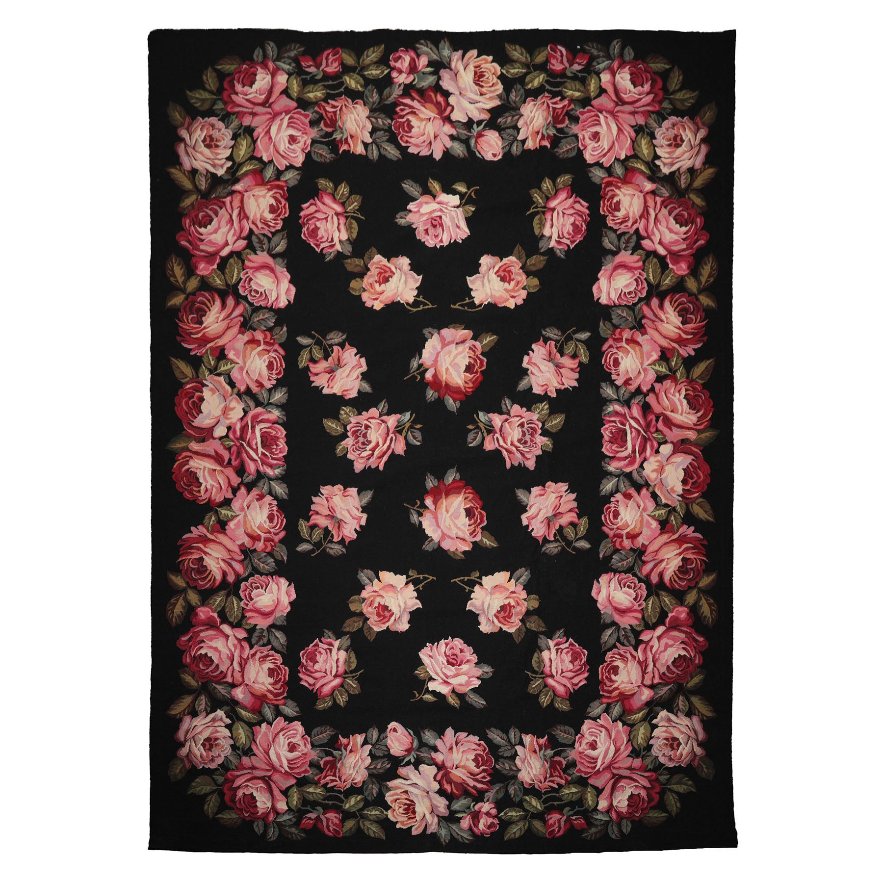 9x12 Black, Pink, Green Color Hand Woven French Aubusson Needlepoint Wool Traditional Oriental Rug