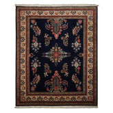 8x10 Navy, Ivory, Green Color Hand Knotted Sarouk New Zealand Wool Traditional Oriental Rug