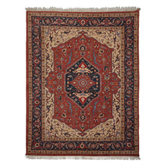 9x12 Salmon, Navy, Tan Color Hand Knotted Heriz Wool Traditional Oriental Rug