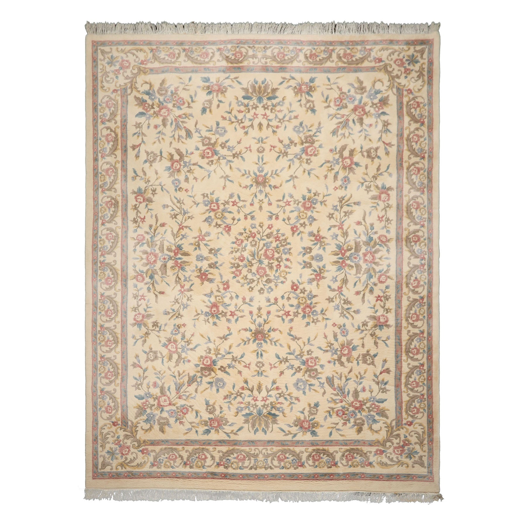 9x12 Ivory, Taupe, Rose Color Hand Knotted Kashan Wool Traditional Oriental Rug