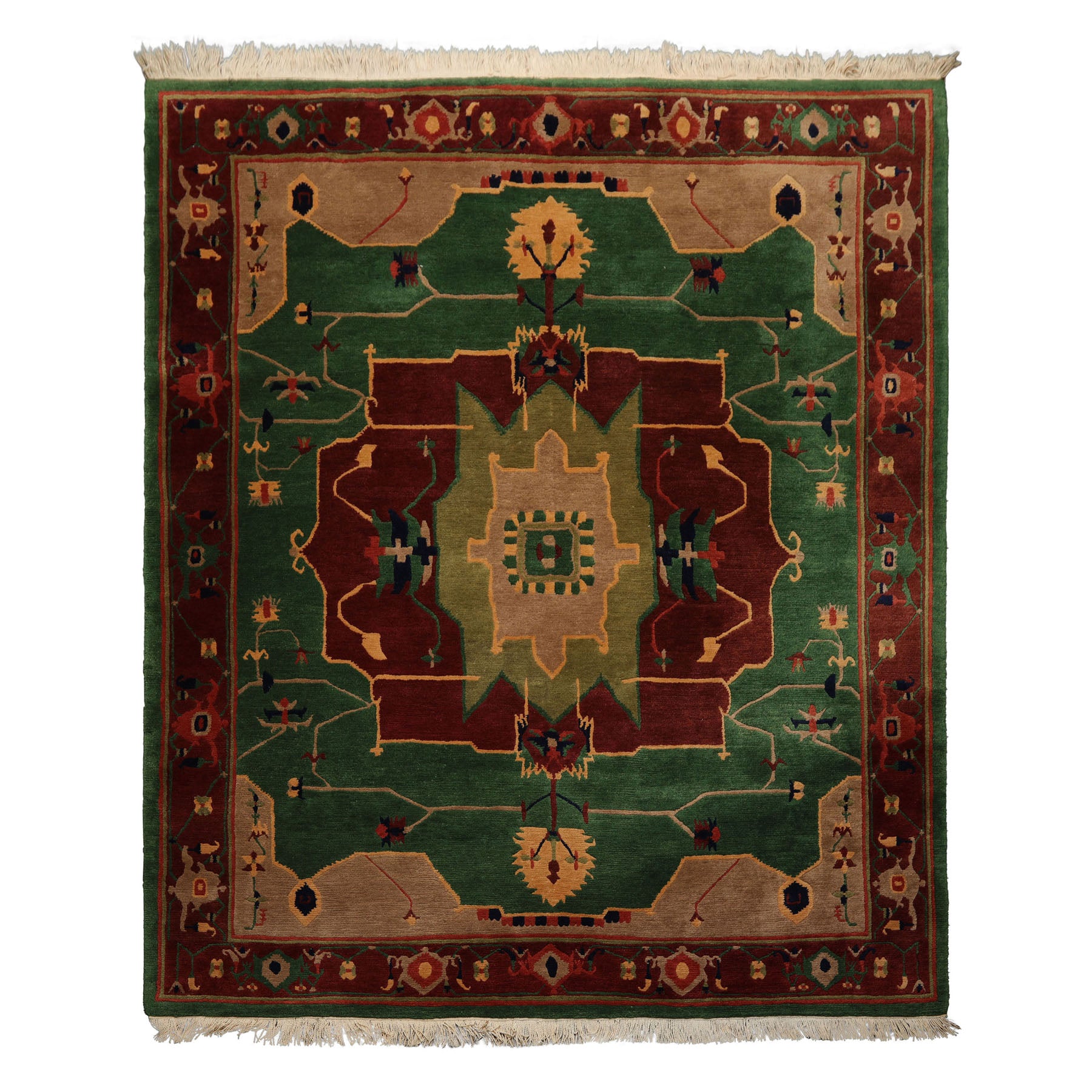 8x10 Green, Chocolate, Taupe Color Hand Knotted Tibetan Wool Arts & Crafts Oriental Rug