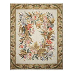 8x10 Ivory, Green, Gold Color Hand Woven French Aubusson Needlepoint  Wool Traditional Oriental Rug