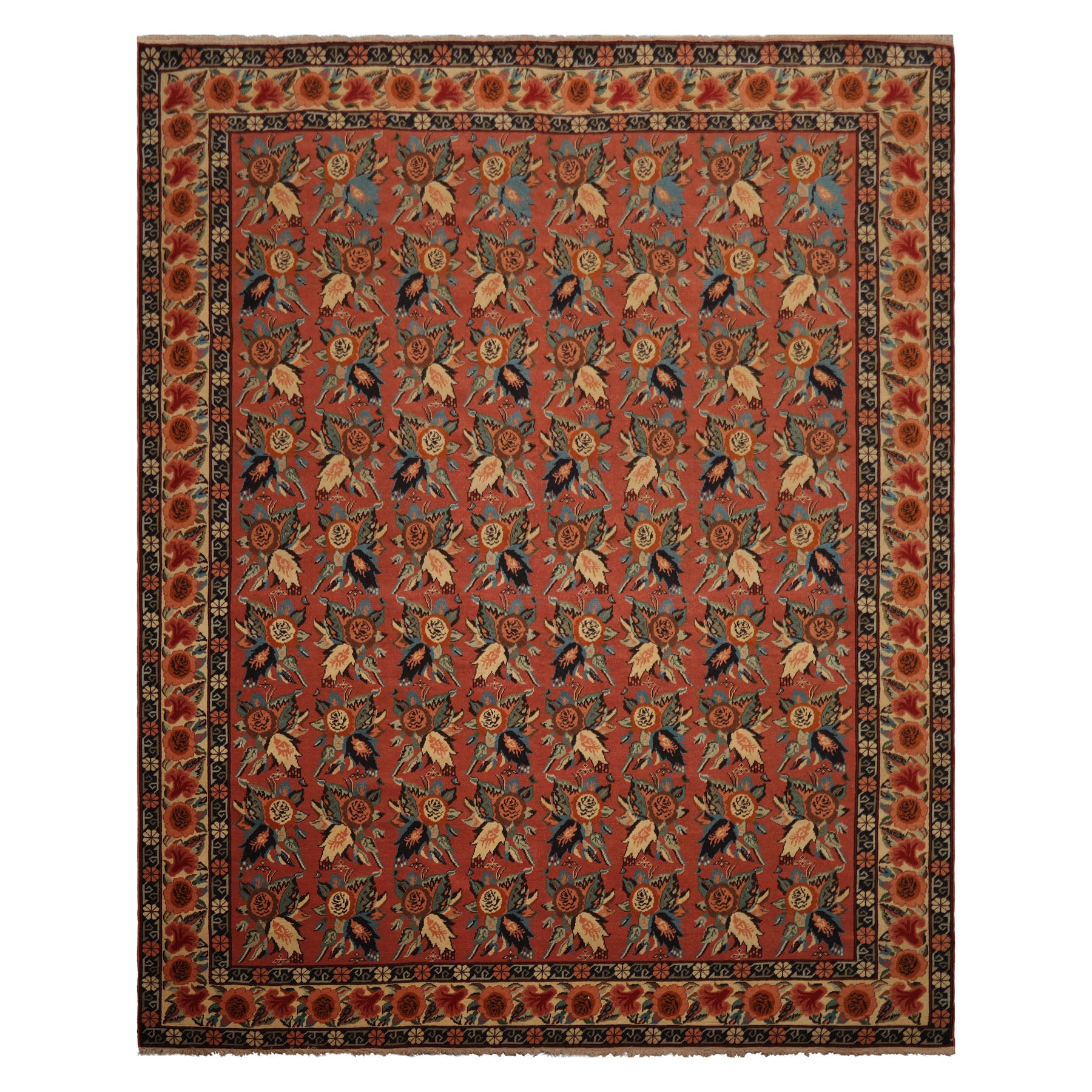 8x10 Rose, Ivory, Blue Color Hand Knotted Karabagh Causcasian Wool Traditional Oriental Rug