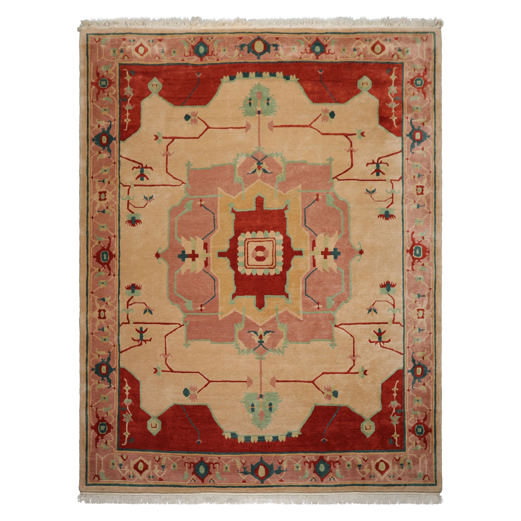 9x12 Ivory, Rose, Burnt Orange Color Hand Knotted Tibetan Wool Arts & Crafts Oriental Rug
