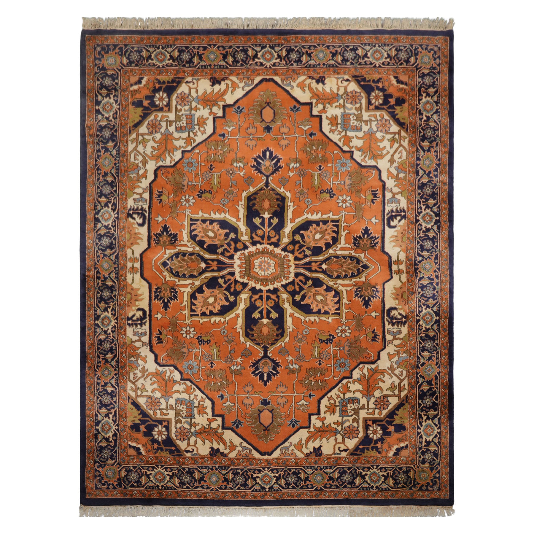 9x12 Muted Orange, Ivory, Navy Color Hand Knotted Heriz Wool Traditional Oriental Rug