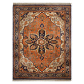 9x12 Muted Orange, Ivory, Navy Color Hand Knotted Heriz Wool Traditional Oriental Rug