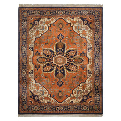 9x12 Muted Orange, Ivory, Navy Color Hand Knotted Heriz Wool Traditional Oriental Rug