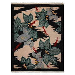 9x12 Ivory, Charcoal, Turquoise Color Hand Knotted Tibetan Wool Art Deco Oriental Rug