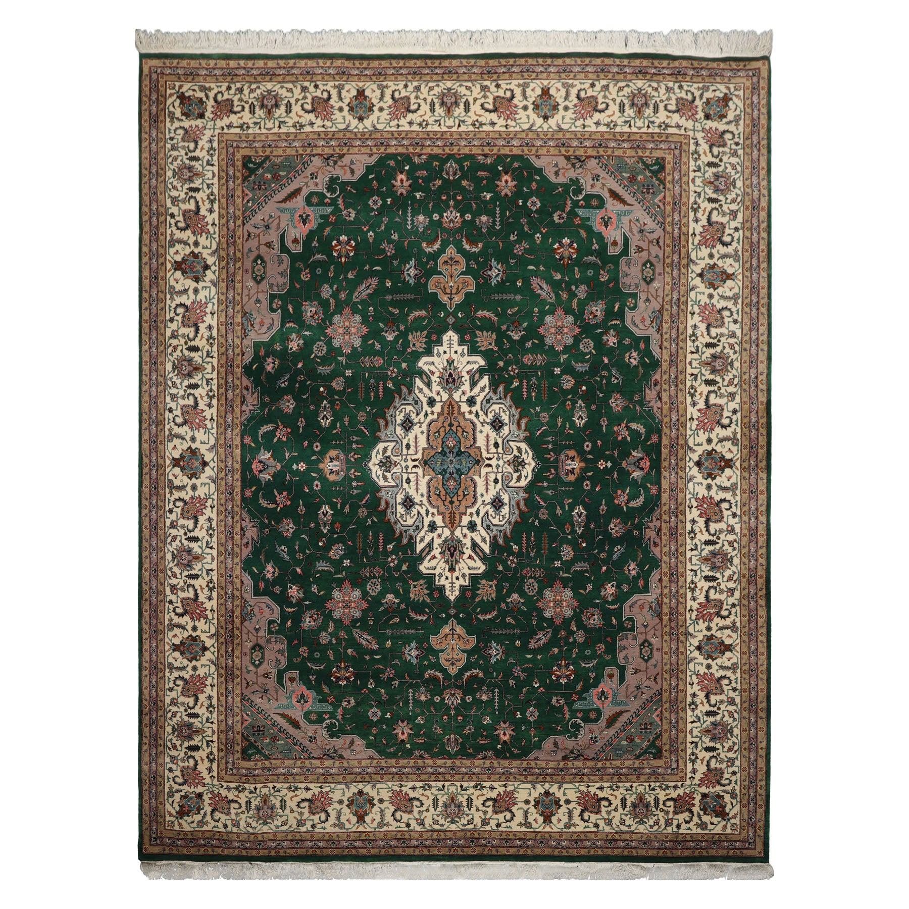 9x12 Green, Ivory, Taupe Color Hand Knotted Pak Persian Wool Traditional Oriental Rug