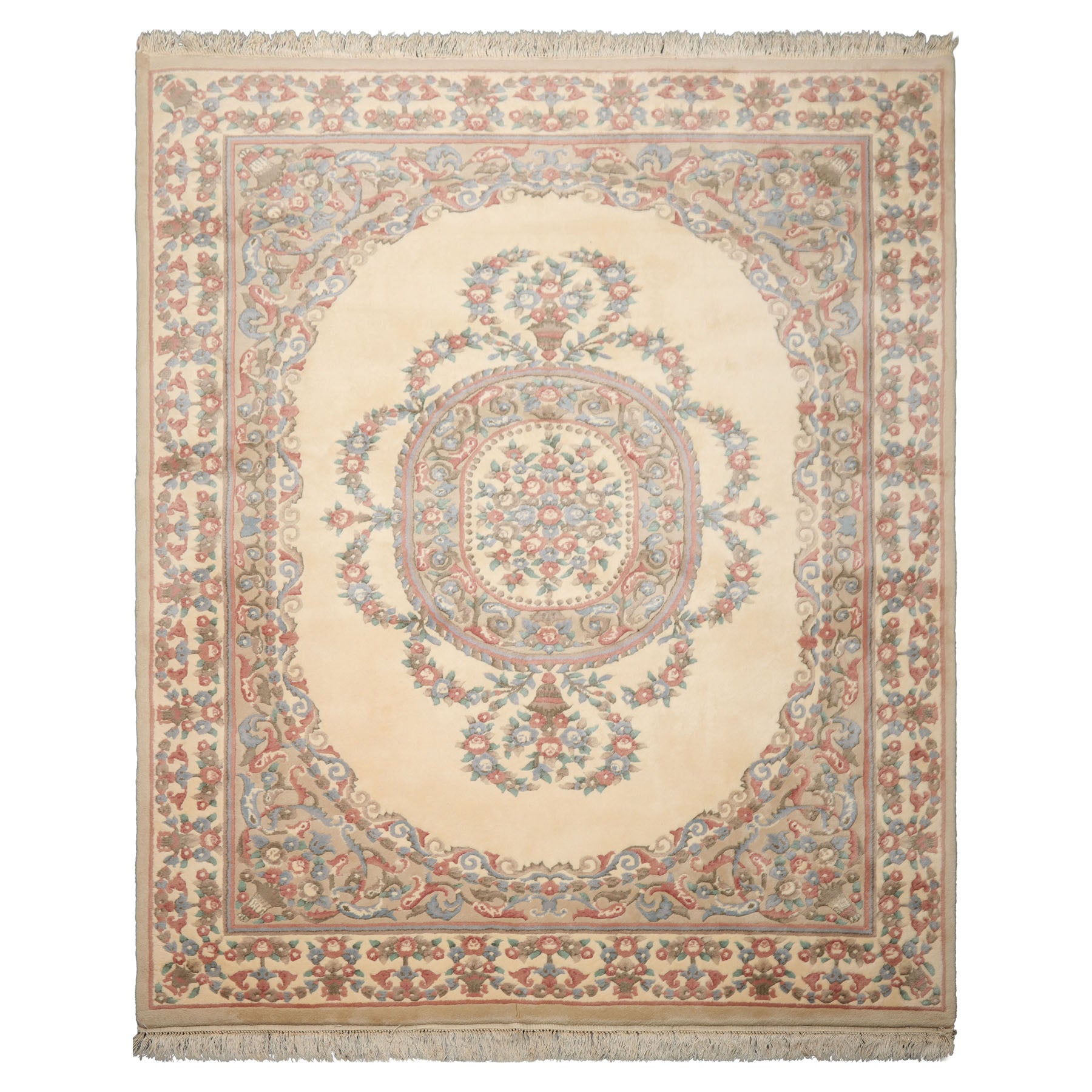 8x10 Ivory, Tan, Rose Color Hand Knotted French Aubusson Savonnerie Wool Traditional Oriental Rug