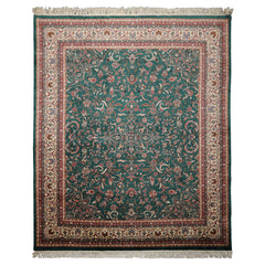8x10 Emerald, Ivory, Rose Color Hand Knotted Kashan Wool Traditional Oriental Rug
