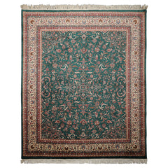8x10 Emerald, Ivory, Rose Color Hand Knotted Kashan Wool Traditional Oriental Rug