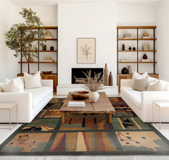 Teal 8'x9'11" Tibetan Arts & Crafts Geometric Tufenkian Deco Panel Spruce Swiss Wash Plush pile Hand Knotted Wool Oriental Area Rug