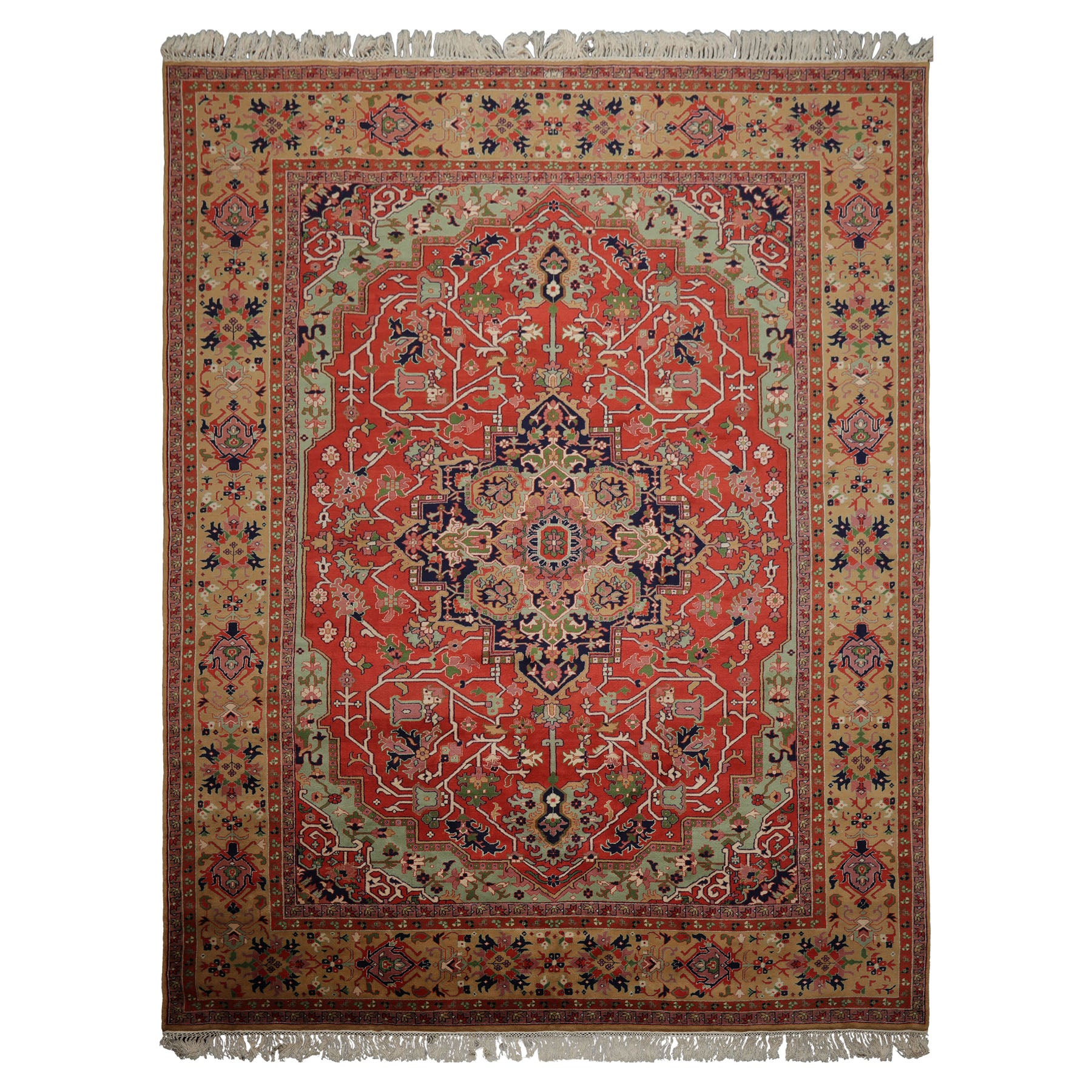 9x12 Coral, Tan, Navy Color Hand Knotted Heriz New Zealand Wool Traditional Oriental Rug
