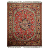9x12 Coral, Tan, Navy Color Hand Knotted Heriz New Zealand Wool Traditional Oriental Rug