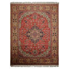 9x12 Coral, Tan, Navy Color Hand Knotted Heriz New Zealand Wool Traditional Oriental Rug