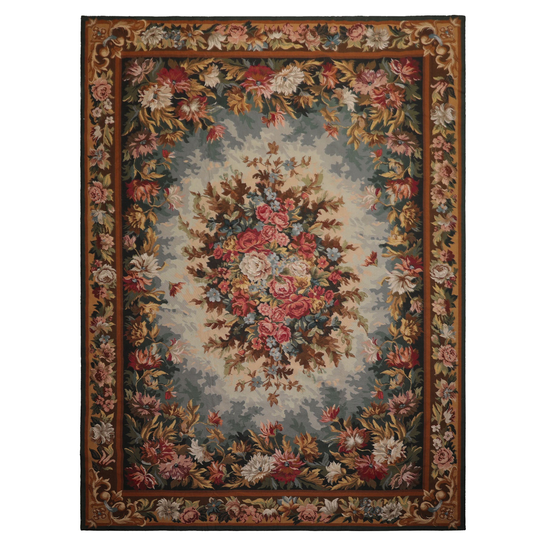 9x12 Teal, Aqua, Ivory Color Hand Woven Aubusson Needlepoint  Wool Traditional Oriental Rug