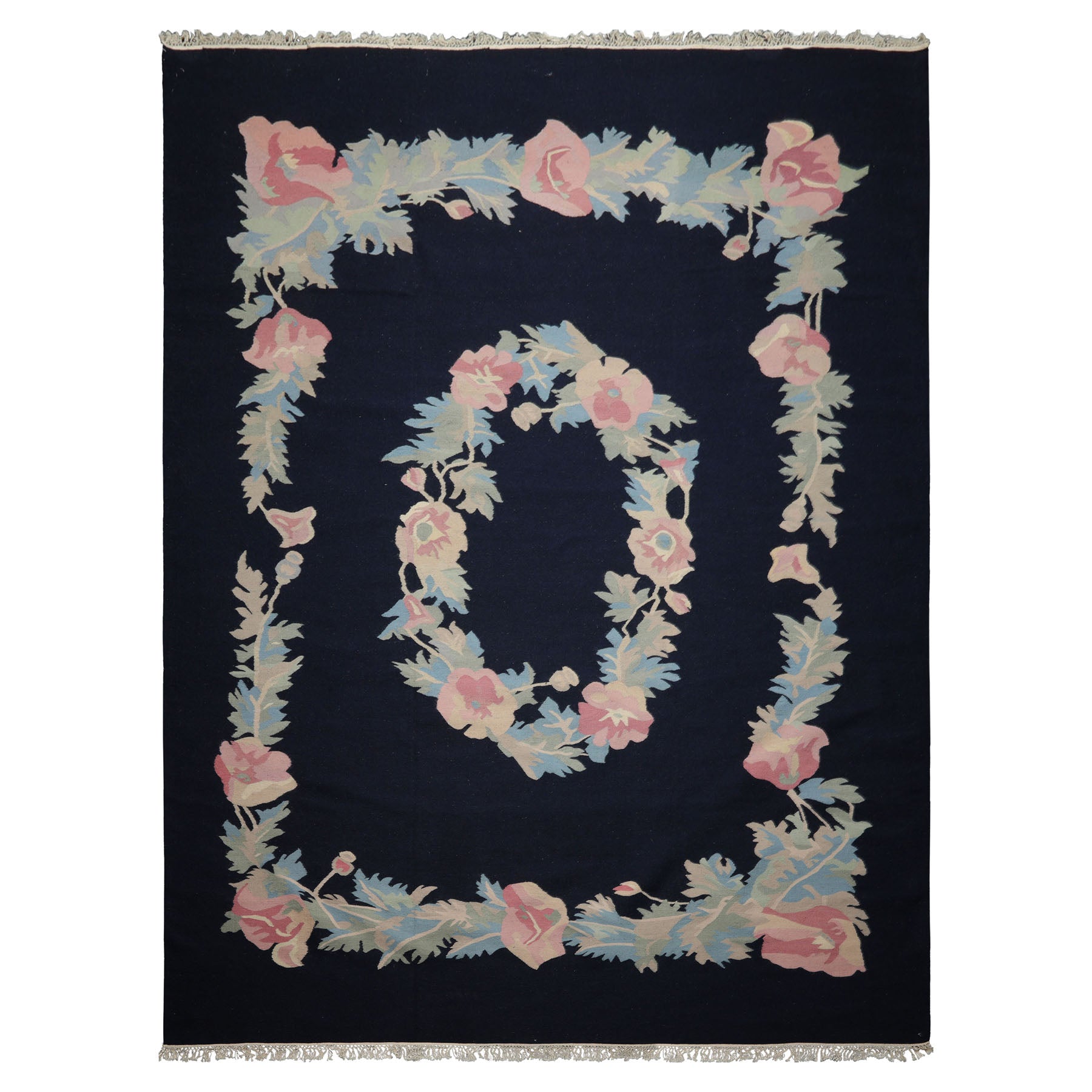 9x12 Navy, Rose, Ivory Color Hand Woven Kilim Wool Traditional Oriental Rug