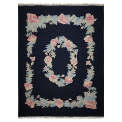 9x12 Navy, Rose, Ivory Color Hand Woven Kilim Wool Traditional Oriental Rug