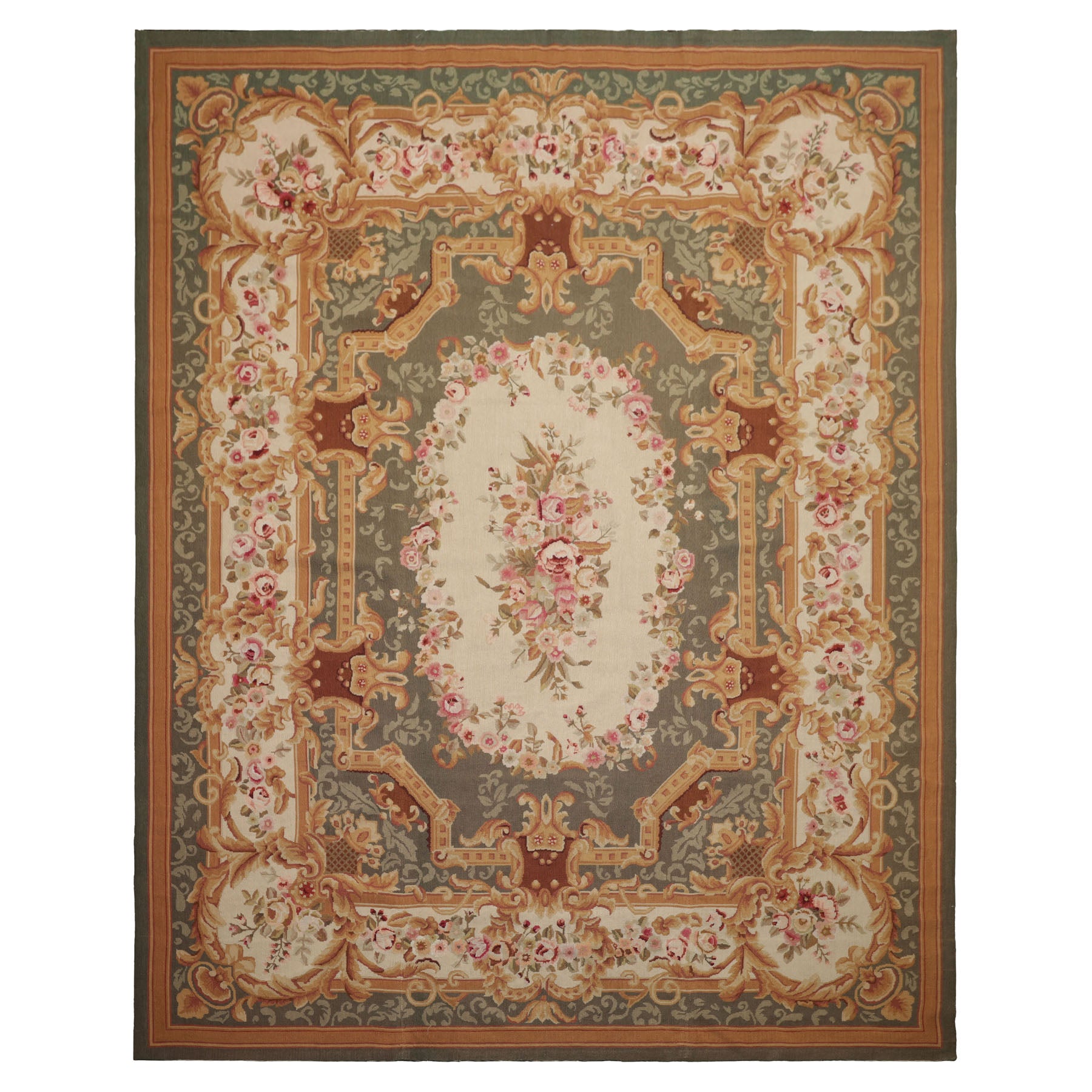 8x10 Ivory, Green, Gold Color Hand Woven Aubusson Needlepoint Wool Traditional Oriental Rug