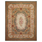 8x10 Ivory, Green, Gold Color Hand Woven Aubusson Needlepoint Wool Traditional Oriental Rug