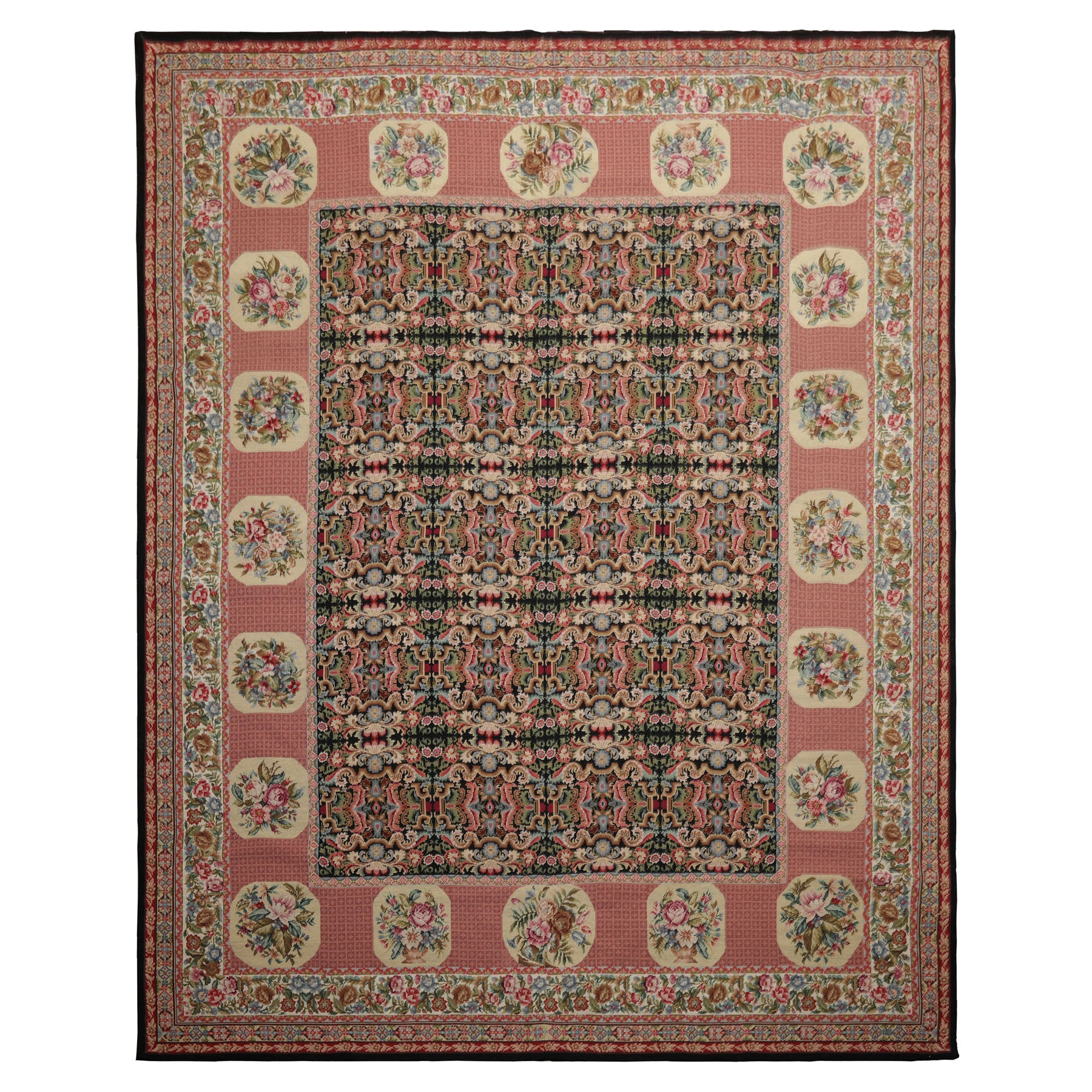 8x10 Black, Rose, Ivory Color Hand Woven Aubusson Needlepoint Wool Traditional Oriental Rug