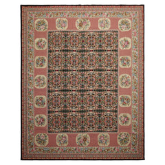 8x10 Black, Rose, Ivory Color Hand Woven Aubusson Needlepoint Wool Traditional Oriental Rug