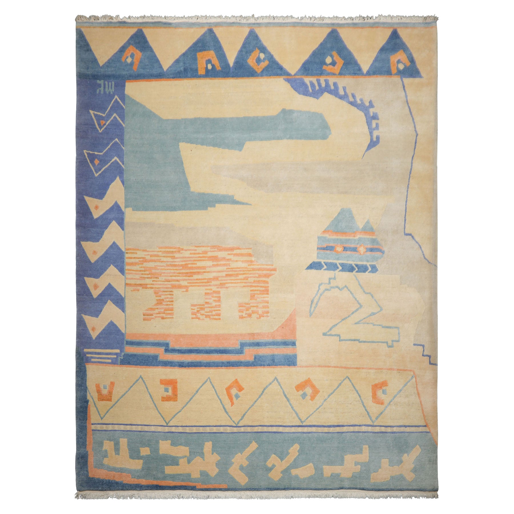 9x12 Ivory, aqua, Rose Color Hand Knotted Tibetan New Zealand Wool Art Deco Oriental Rug