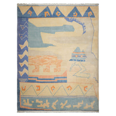 9x12 Ivory, aqua, Rose Color Hand Knotted Tibetan New Zealand Wool Art Deco Oriental Rug