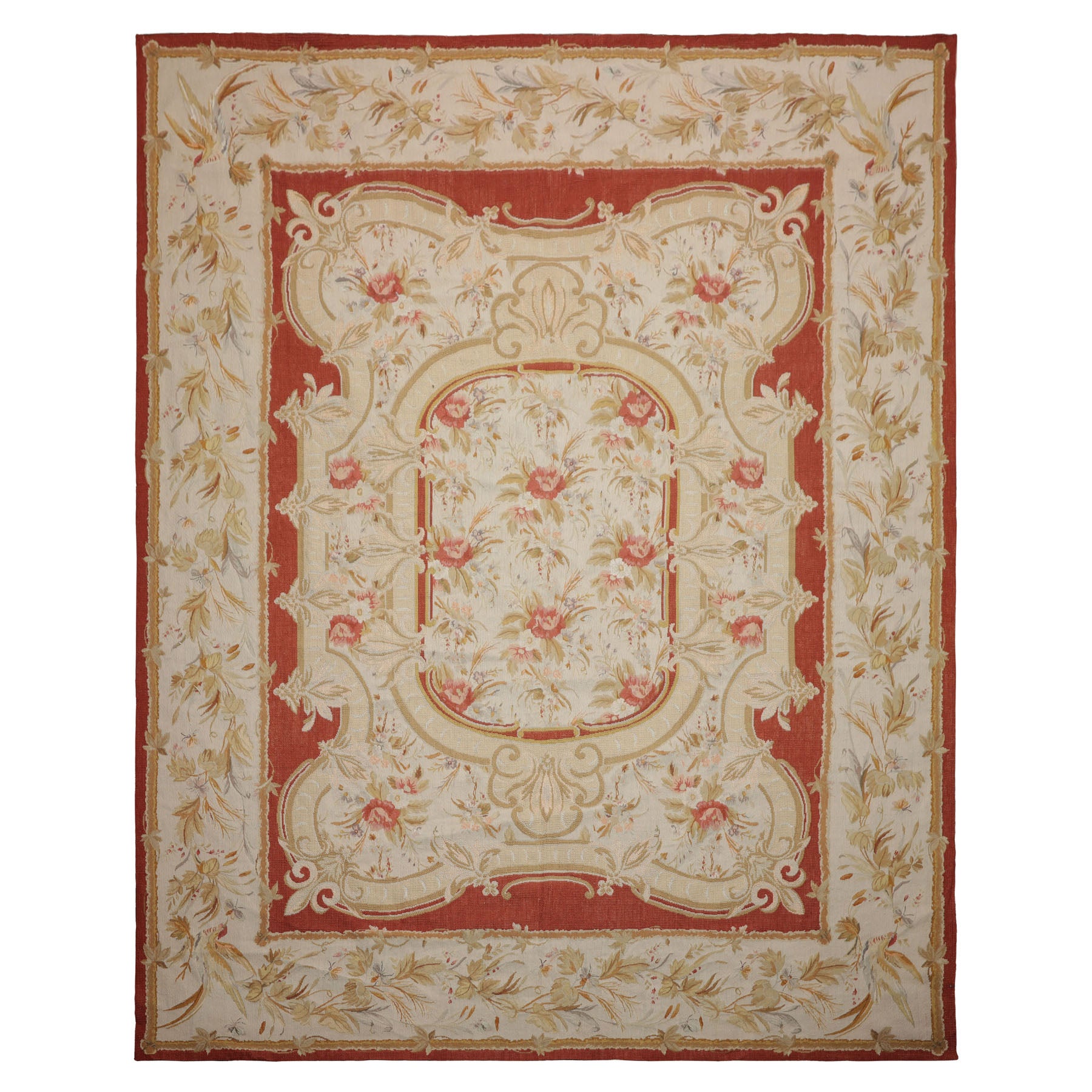 8x10 Ivory, Gold, Orange Color Hand Woven Aubusson Needlepoint Wool & Silk Traditional Oriental Rug