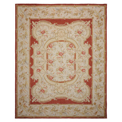 8x10 Ivory, Gold, Orange Color Hand Woven Aubusson Needlepoint Wool & Silk Traditional Oriental Rug