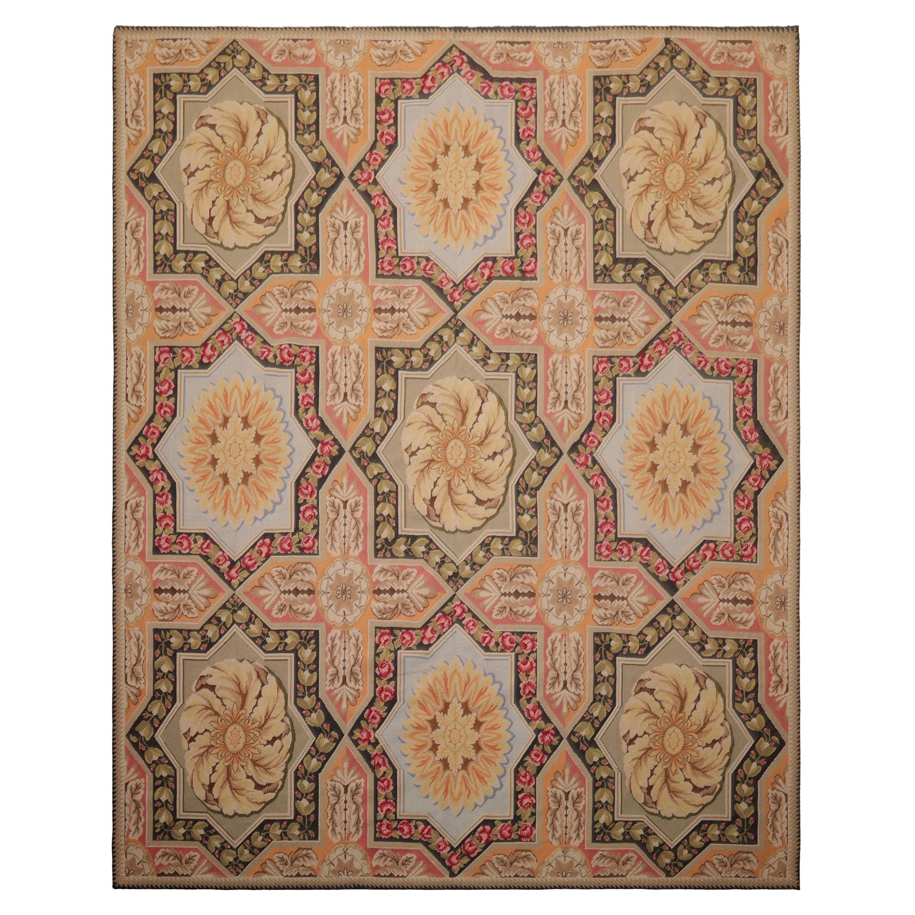 8x10 Sage, Gold, Pink Color Hand Woven Aubusson Needlepoint Wool Traditional Oriental Rug